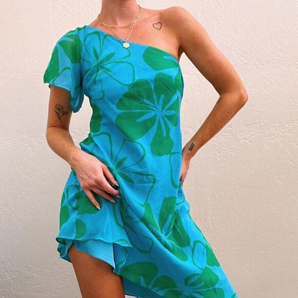 Summer '04 Y2K 100% Silk Blue Floral Asymmetric  One Shoulder Dress - Picture 6 of 7